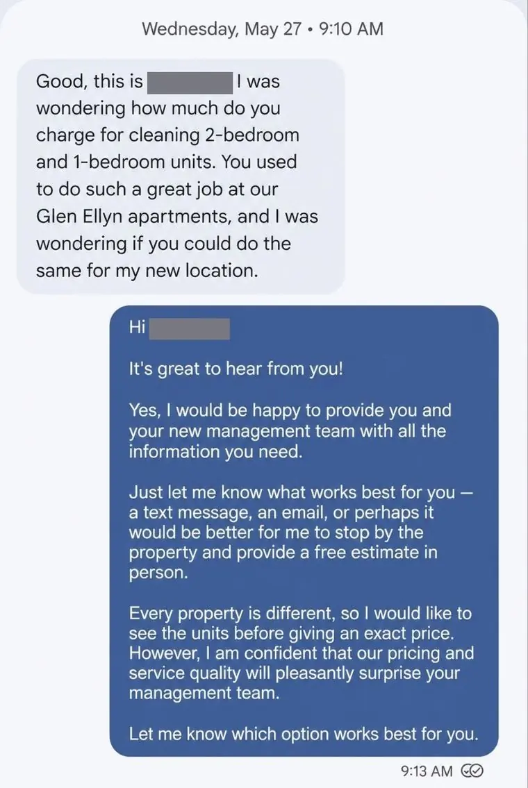 Text message from a property manager praising past cleaning work at their Glen Ellyn apartments