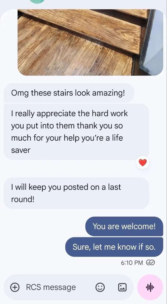 Text message from a property manager reacting to before-and-after stairwell photos